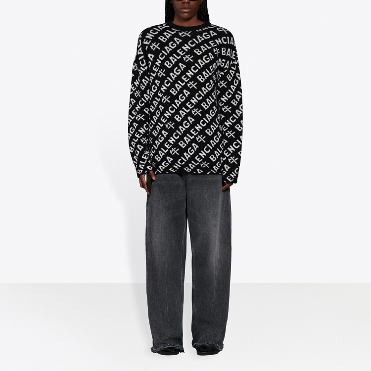 Balenciaga Logo Jacquard Wool Crewneck Pullover Sweater Unisex Black 648130T15991070 圖 4
