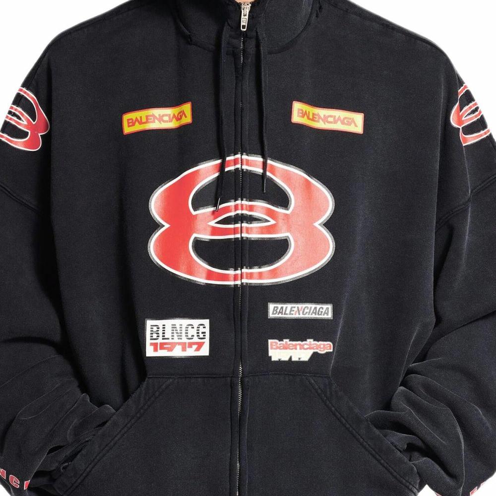 Sizing 발렌시아가 로고 오버사이즈 집 후드 블랙 릴랙스 핏 스웨트셔츠. 826162TSVE11041