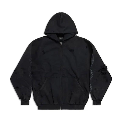Balenciaga Logo Print Distressed Zip Hoodie Unisex Oversized Fit Black. 744444TOVE51055