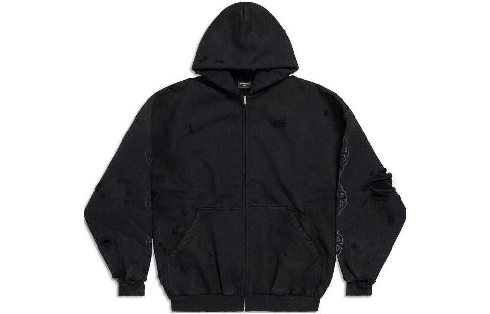 Balenciaga Logo Print Distressed Zip Hoodie Unisex Oversized Fit Black. 744444TOVE51055 圖 2