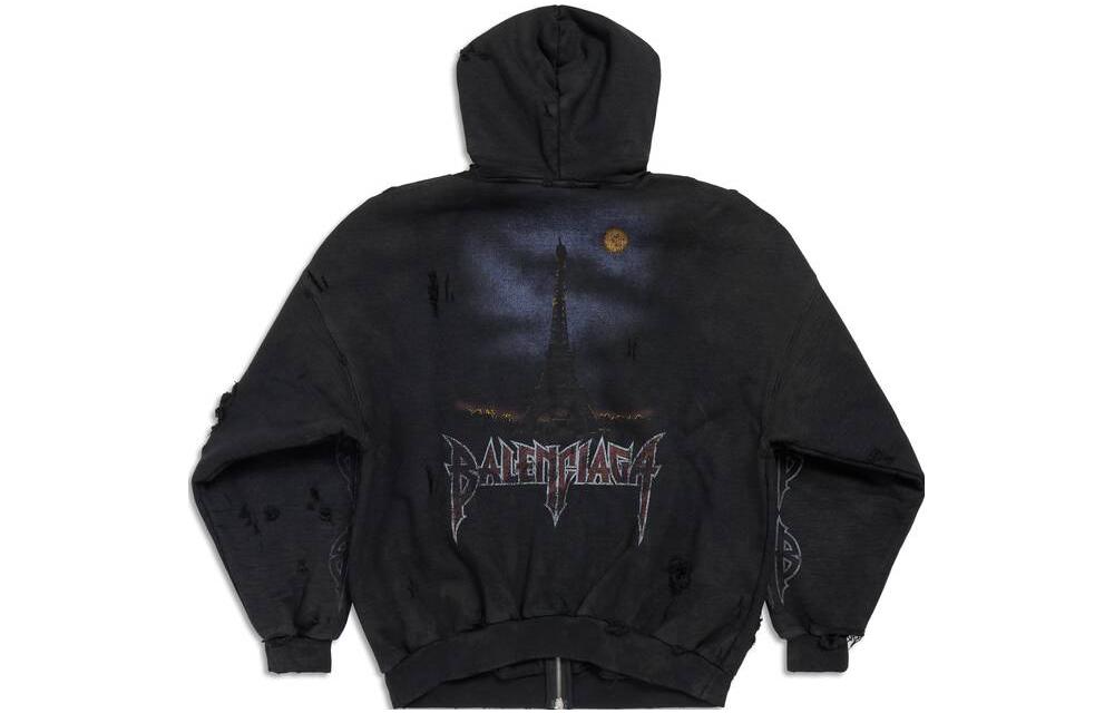 Balenciaga Logo Print Distressed Zip Hoodie Unisex Oversized Fit Black. 744444TOVE51055 圖 3