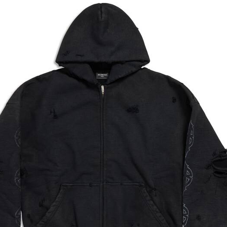 Balenciaga Logo Print Distressed Zip Hoodie Unisex Oversized Fit Black. 744444TOVE51055 圖 5