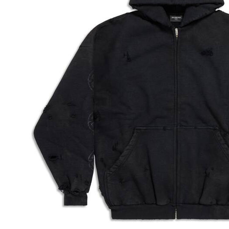 Balenciaga Logo Print Distressed Zip Hoodie Unisex Oversized Fit Black. 744444TOVE51055 圖 6