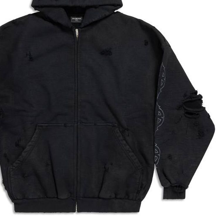 Balenciaga Logo Print Distressed Zip Hoodie Unisex Oversized Fit Black. 744444TOVE51055 圖 7