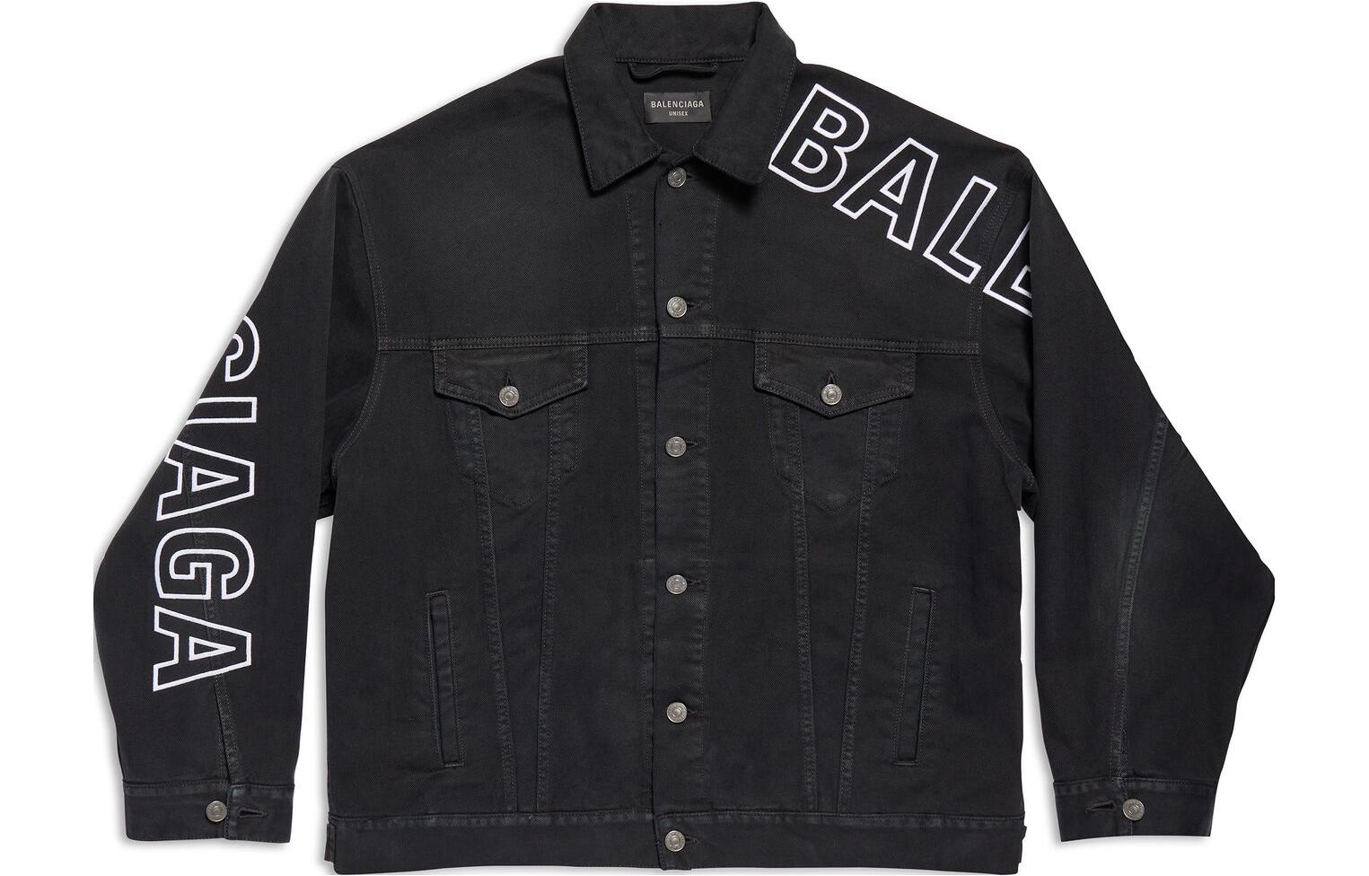 Balenciaga Logo Print Long Sleeve Denim Jacket Unisex Black. 767949TNW111672