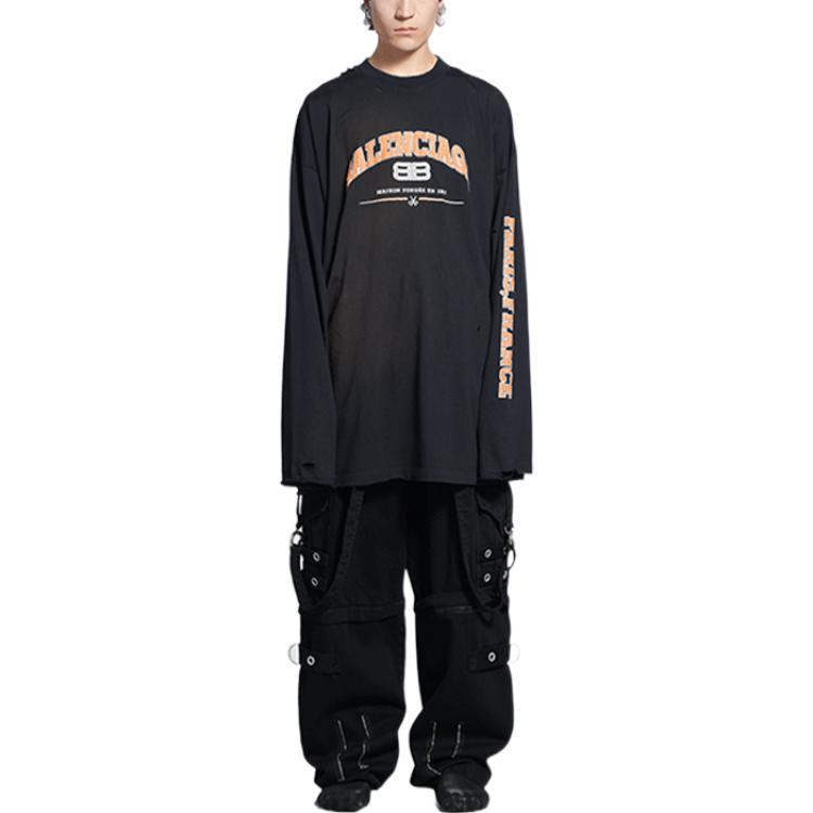 Shop バレンシアガ ロゴプリント オーバーサイズ 長袖Tシャツ ブラック カジュアルウェア 681046TLVJ11074
