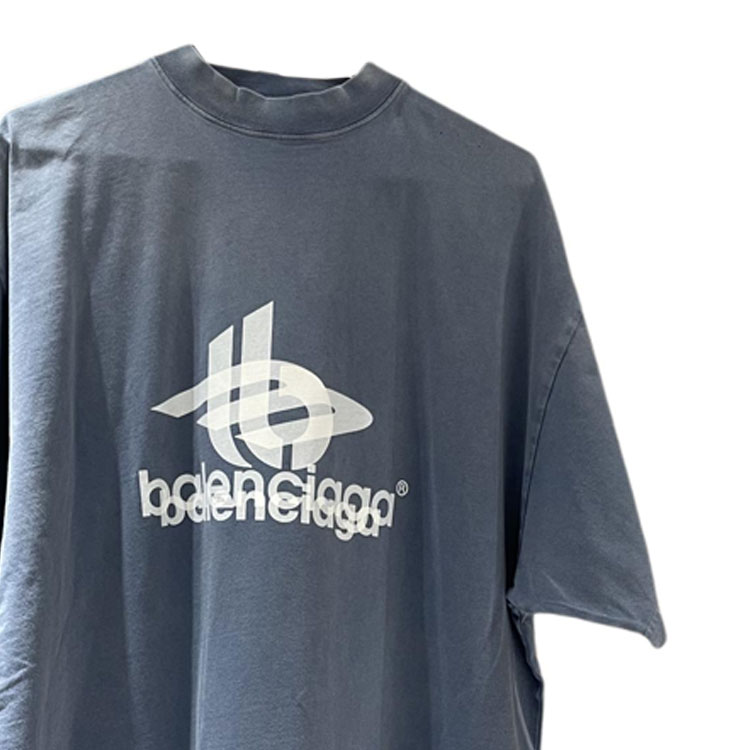 Balenciaga Logo Print Oversized Unisex Blue Crewneck T-Shirt. 739028TPVF24313 圖 4