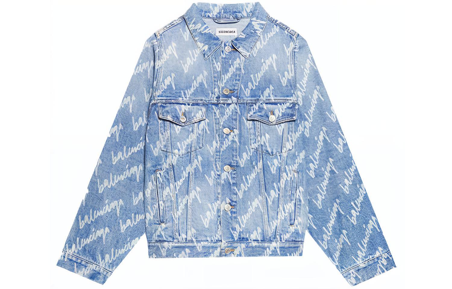 Balenciaga Logo Print Oversized Washed Denim Jacket Blue 681690TJW904200