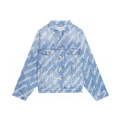 Balenciaga Logo Print Oversized Washed Denim Jacket Blue 681690TJW904200
