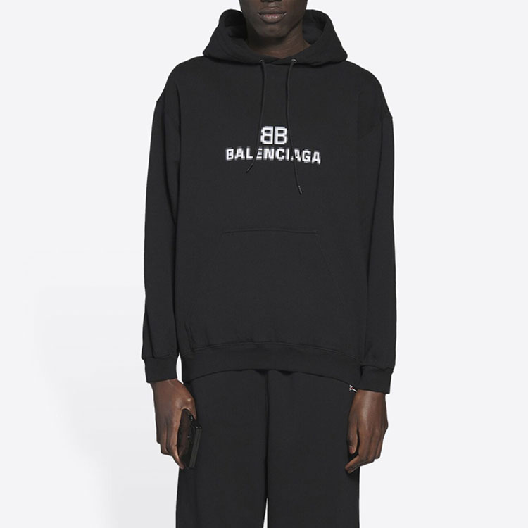 Sizing 巴黎世家标志印花黑色宽松款连帽卫衣羊毛衫 600583TKVI81070