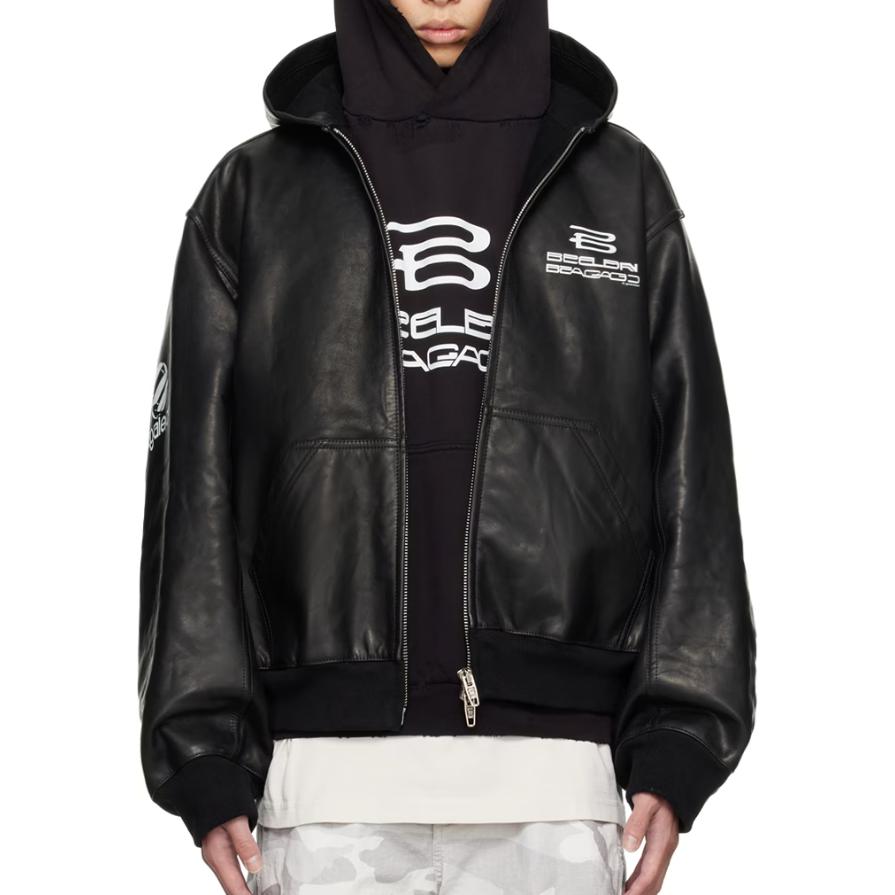 Balenciaga Logo Print Ribbed Knit Hoodie Jacket Black Regular Fit 790311TQS151000