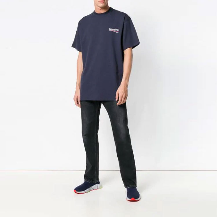 Balenciaga Logo Print Unisex Oversized Navy Crew Neck T-Shirt 556150TAV444128 圖 4