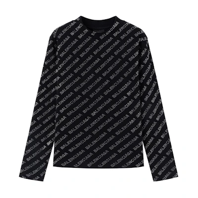Balenciaga Logo Sequin Long Sleeve Oversized T-Shirt Black Casual Wear 730402TNVQ91073