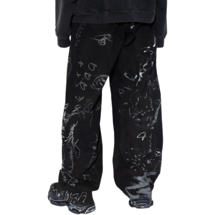 Shop Balenciaga低腰寬鬆剪裁印花刺繡男女通用黑色長褲. 745223TNW111700