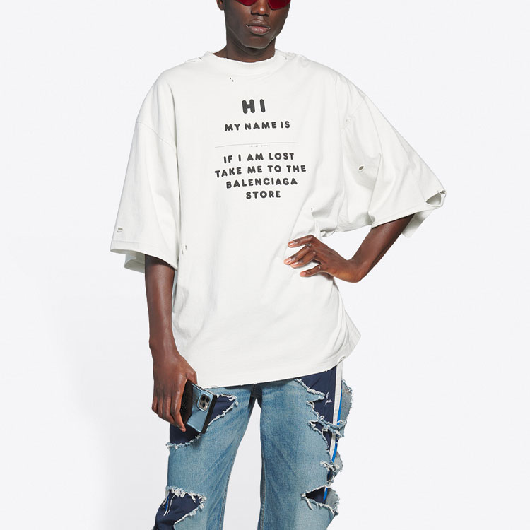 Shop Balenciaga My Name Is Wide Fit Letter Print Vintage Knit T-Shirt White Mens. 661715TKVF19081