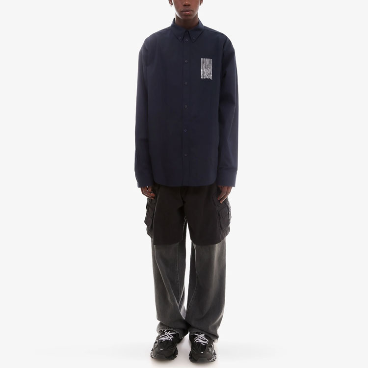 Shop Balenciaga 海軍藍條紋印花長袖襯衫 經典剪裁。 662982TKM028065