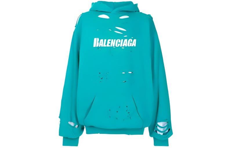Balenciaga Oversized Letter Print Distressed Hoodie in Sky Blue 659403TKVB64661