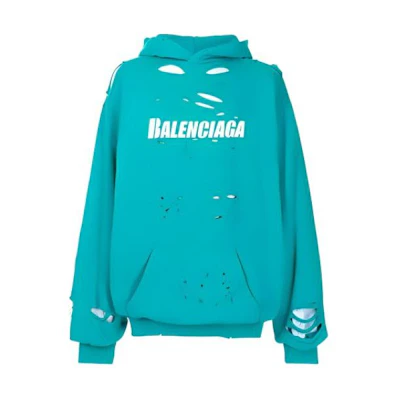 Balenciaga Oversized Letter Print Distressed Hoodie in Sky Blue 659403TKVB64661