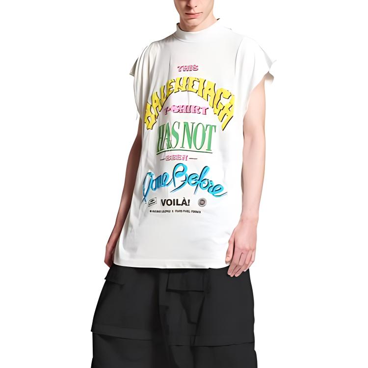 Shop Balenciaga Oversized T-Shirt Tanpa Lengan Off-White Jersey Nipis Kasual. 767844TQVW39012