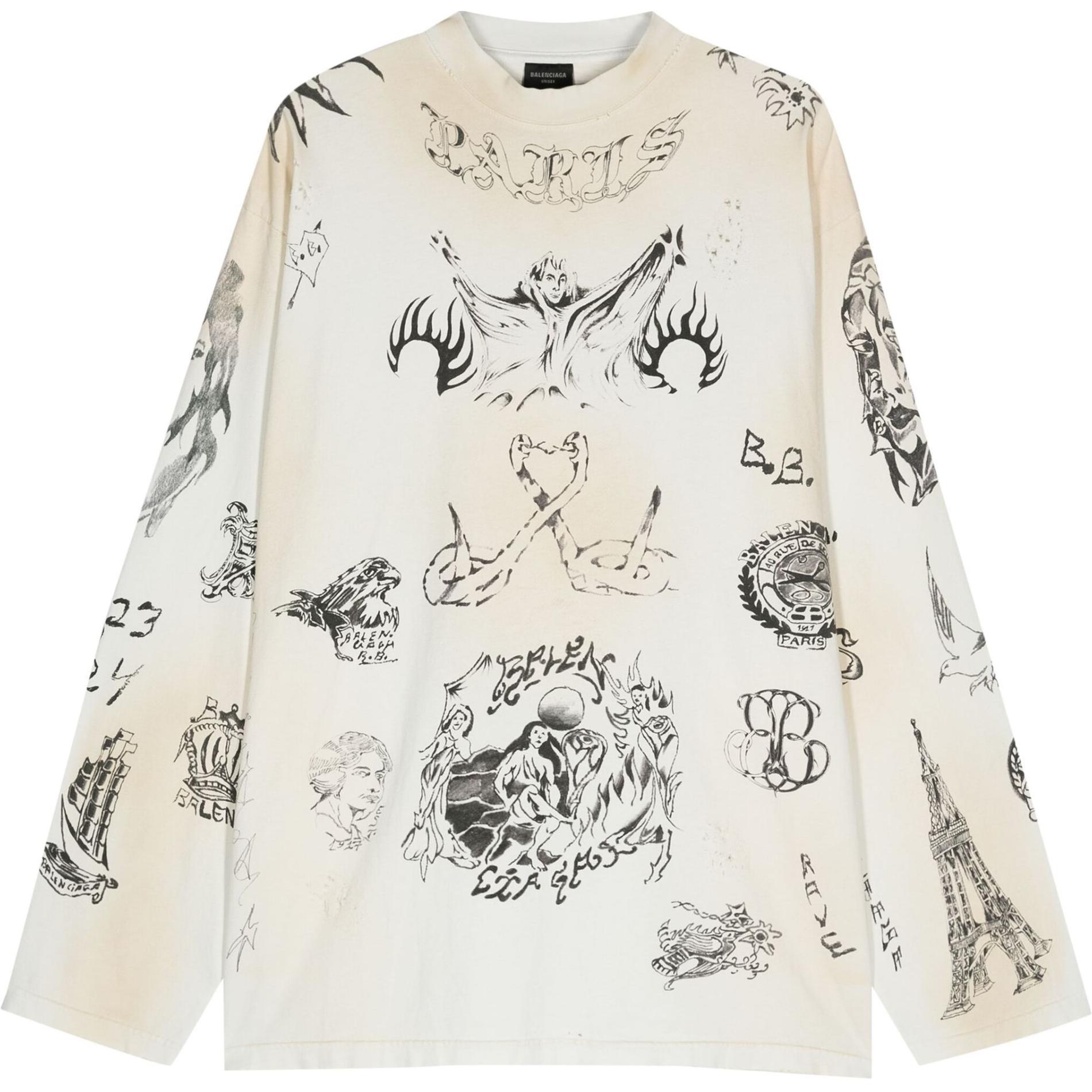 Balenciaga Oversized Tat Long Sleeve T-Shirt Unisex Gray White Graphic Tee 790365TQVR13307