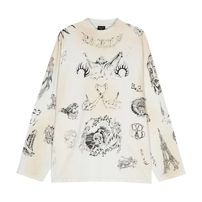Balenciaga Oversized Tat Long Sleeve T-Shirt Unisex Gray White Graphic Tee 790365TQVR13307