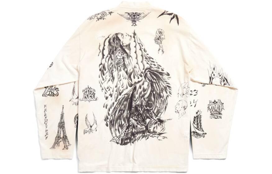 Lookbook Balenciaga Oversized Baju Lengan Panjang Unisex Kelabu Putih Tee Grafik 790365TQVR13307