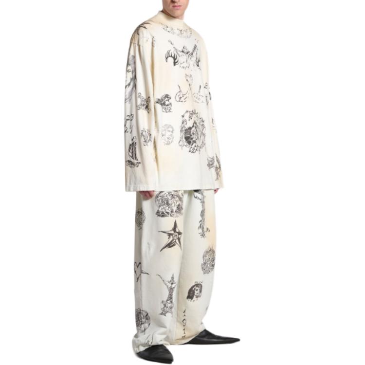 Shop Balenciaga Oversized Baju Lengan Panjang Unisex Kelabu Putih Tee Grafik 790365TQVR13307