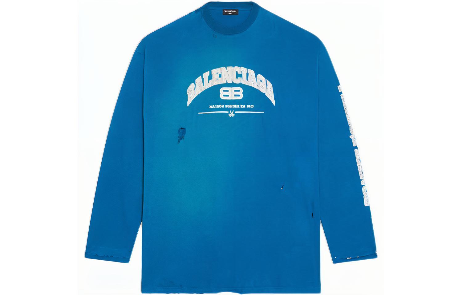 Balenciaga Oversized Vintage Letter Blue Crewneck Long Sleeve T-Shirt 681046TLVJ14480
