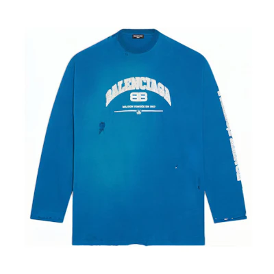 Balenciaga Oversized Vintage Letter Blue Crewneck Long Sleeve T-Shirt 681046TLVJ14480