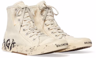 巴黎世家 巴黎 高幫 塗鴉 棉質 高幫 系帶 時尚板鞋 男款 白色 做舊版 Lookbook 巴黎世家 巴黎 高幫 塗鴉 棉質 高幫 系帶 時尚板鞋 男款 白色 做舊版