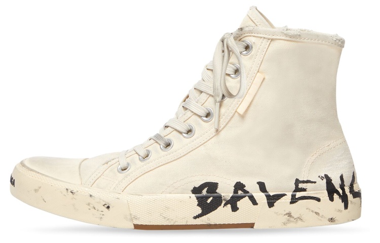 Balenciaga Paris High Top Sneakers 'White Destroyed Cotton and White Rubber with Graffiti' 688752W3RR49010
