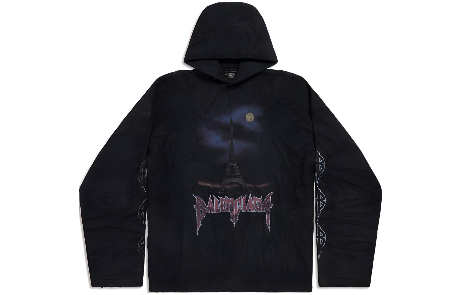 Balenciaga Paris Moon Hoodie Black Unisex Regular Fit with Crinkle Effect. 744435TOVJ4-1000