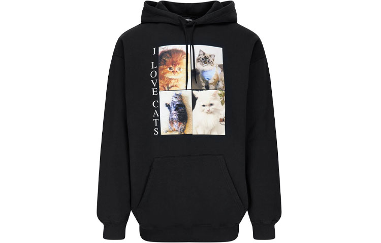 Balenciaga Pet Cat Print Loose Fit Hoodie Black Pullover Sweatshirt 570811TJVG91000