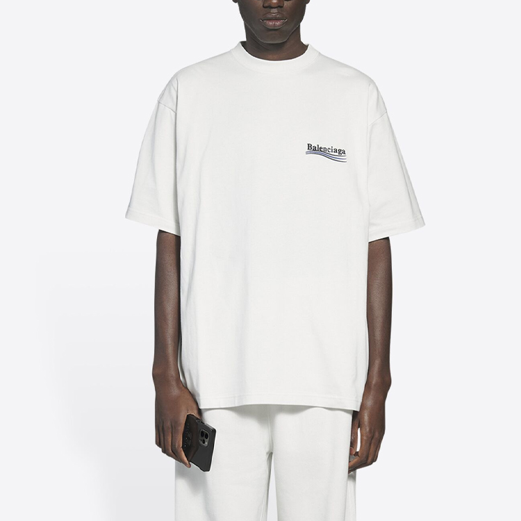Details for バレンシアガ ポリティカルキャンペーン ロゴ 刺繍 オーバーサイズ Tシャツ ホワイト メンズ 641675TKVJ19084