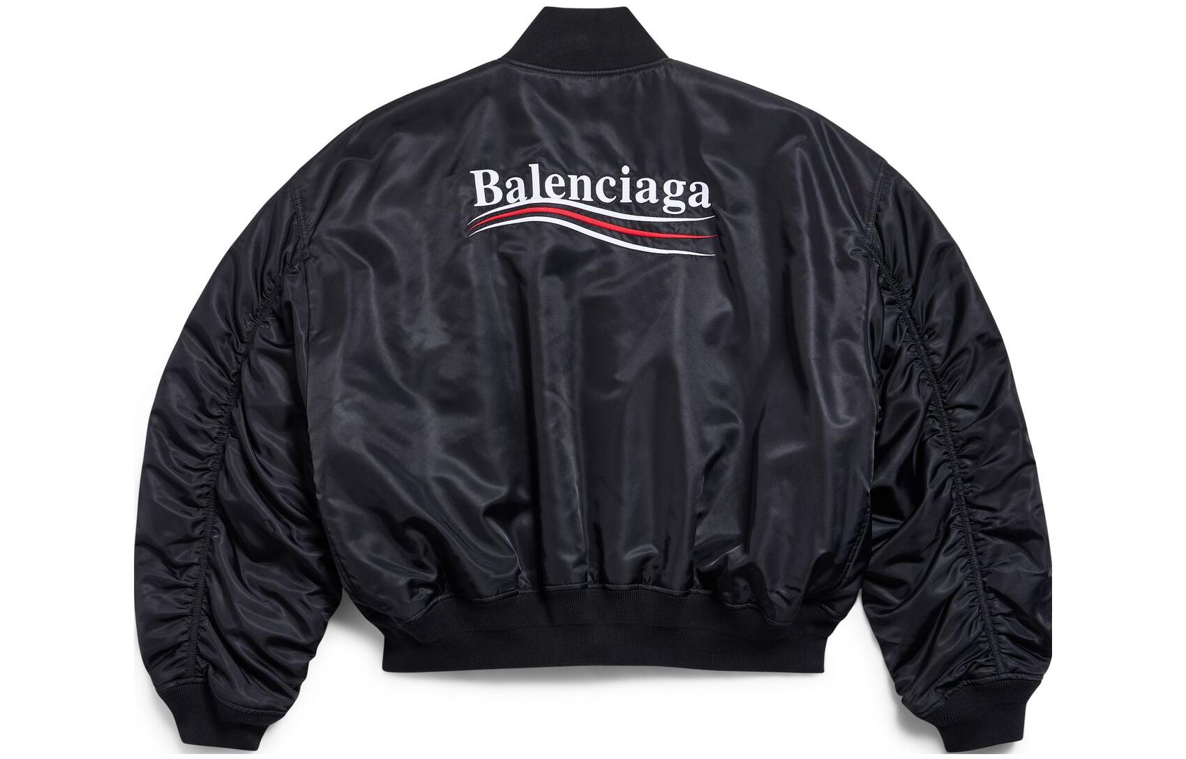 Lookbook Balenciaga Jaket Longgar Unisex Logo Cetak Hitam Varsity Political Campaign FW23. 763434TNO271000