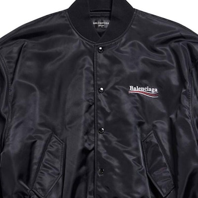 Balenciaga Jaket Longgar Unisex Logo Cetak Hitam Varsity Political Campaign FW23. 763434TNO271000 Cheap Balenciaga Jaket Longgar Unisex Logo Cetak Hitam Varsity Political Campaign FW23. 763434TNO271000