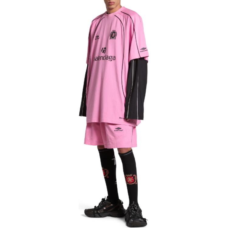 Shop 발렌시아가 SS24 로고 프린트 핑크 오버사이즈 유니섹스 크루넥 티셔츠. 777705TPVR91401