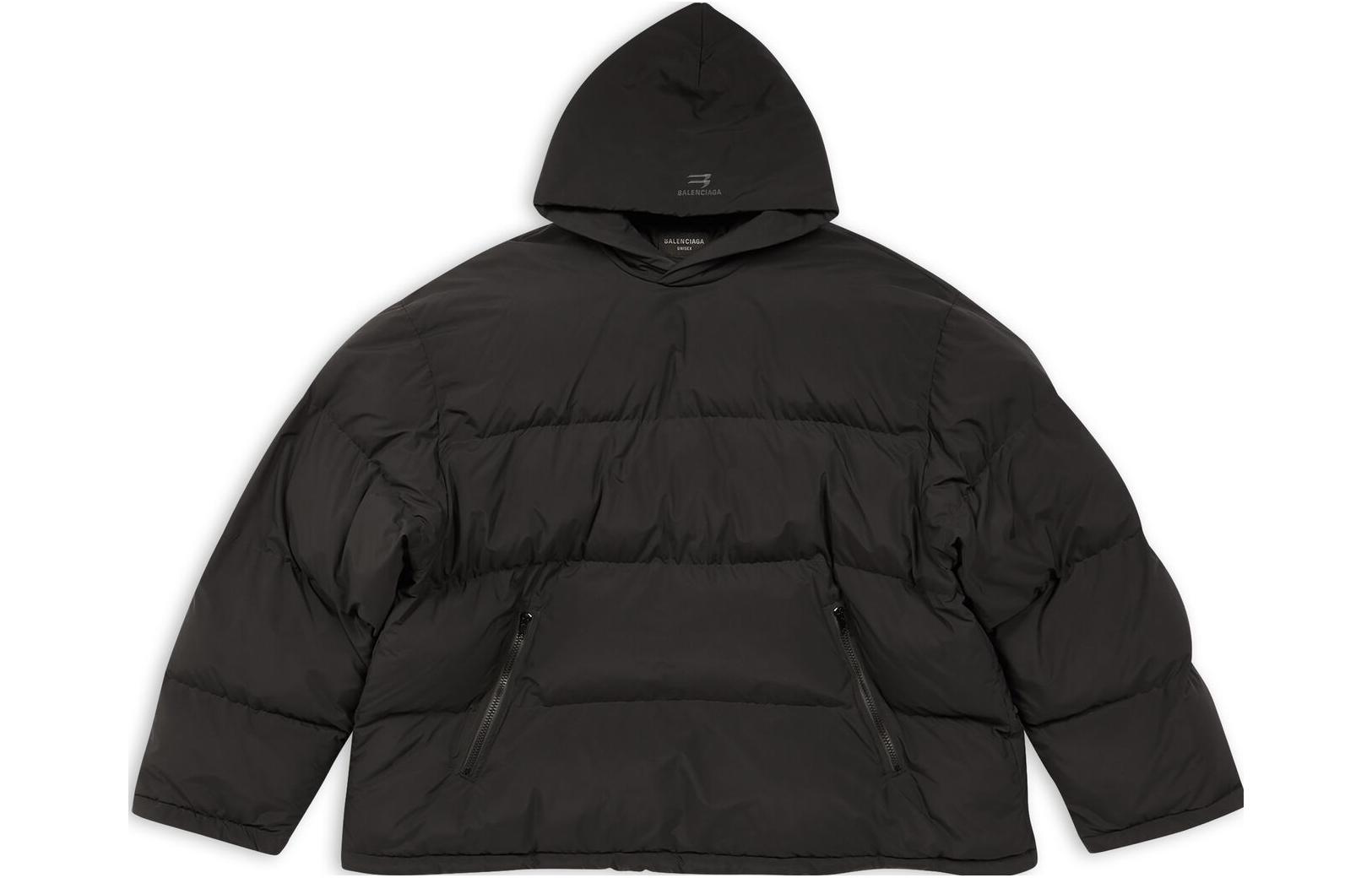 Order Balenciaga Sporty B FW22 Jaket Puffer Hitam Unisex dengan Hoodie dan Resleting. 720156-TNO45-1000