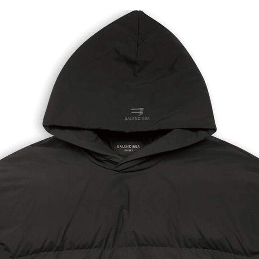 Details for Balenciaga Sporty B FW22 Jaket Puffer Hitam Unisex dengan Hoodie dan Resleting. 720156-TNO45-1000
