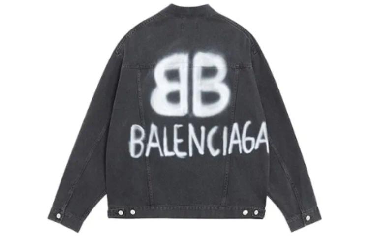 Lookbook Balenciaga Jaket Denim Logo Spray Cat Unisex Hitam. 678354TIWA21440