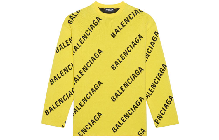 Balenciaga SS21 Allover Logo Wool Crewneck Sweater Men Yellow 657401T32007440