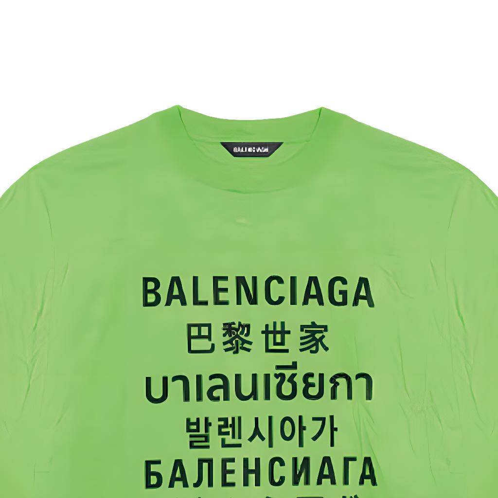 Details for Balenciaga SS21 Multilingual Text Graphic T-Shirt Unisex Green. 641614TJVI34162