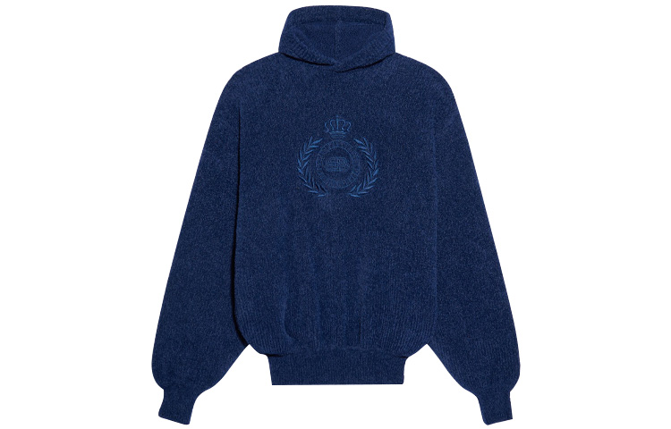 Balenciaga SS21 Plush Embroidered Knit Hoodie Unisex Dark Blue 646505T61884778