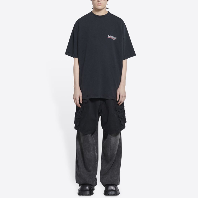 Shop Balenciaga SS22 黑色標誌刺繡短袖上衣 641675TKVJ19034