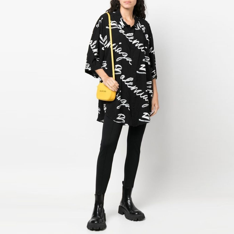 Purchase Balenciaga SS22  Black Logo Print Loose Fit Short Sleeve Shirt. 681813TML131070
