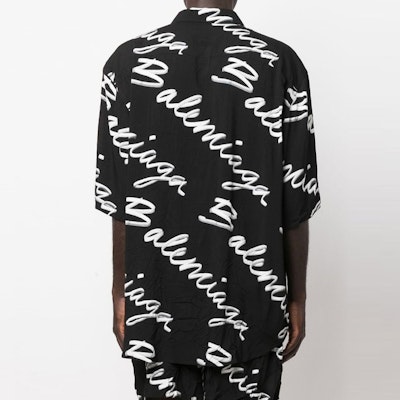 Balenciaga SS22 Black Logo Print Loose Fit Short Sleeve Shirt. 681813TML131070 Details for Balenciaga SS22 Black Logo Print Loose Fit Short Sleeve Shirt. 681813TML131070