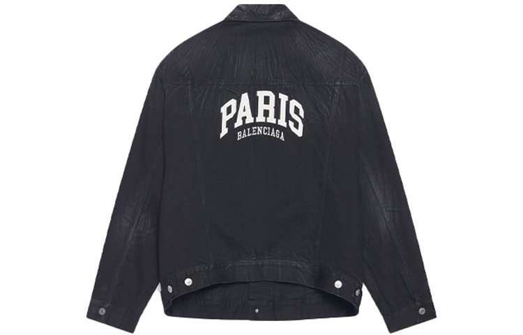 Lookbook Balenciaga SS22 Jaket Denim Hitam Leher Petak Logo dengan Poket. 690198TBP479034