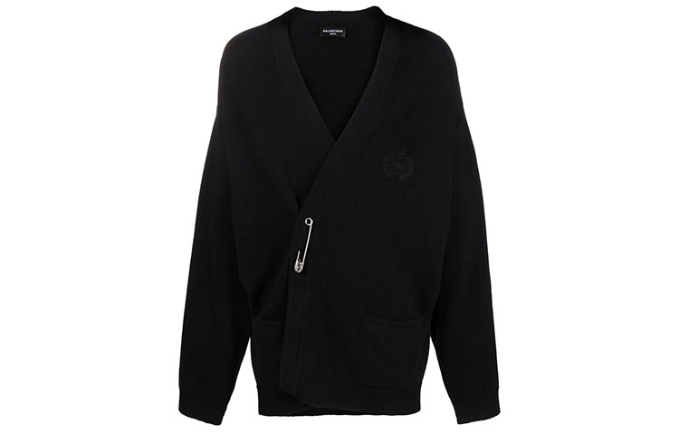 Balenciaga SS22  Black Wool V-Neck Relaxed Cardigan with Pin Detail. 704124T41291000