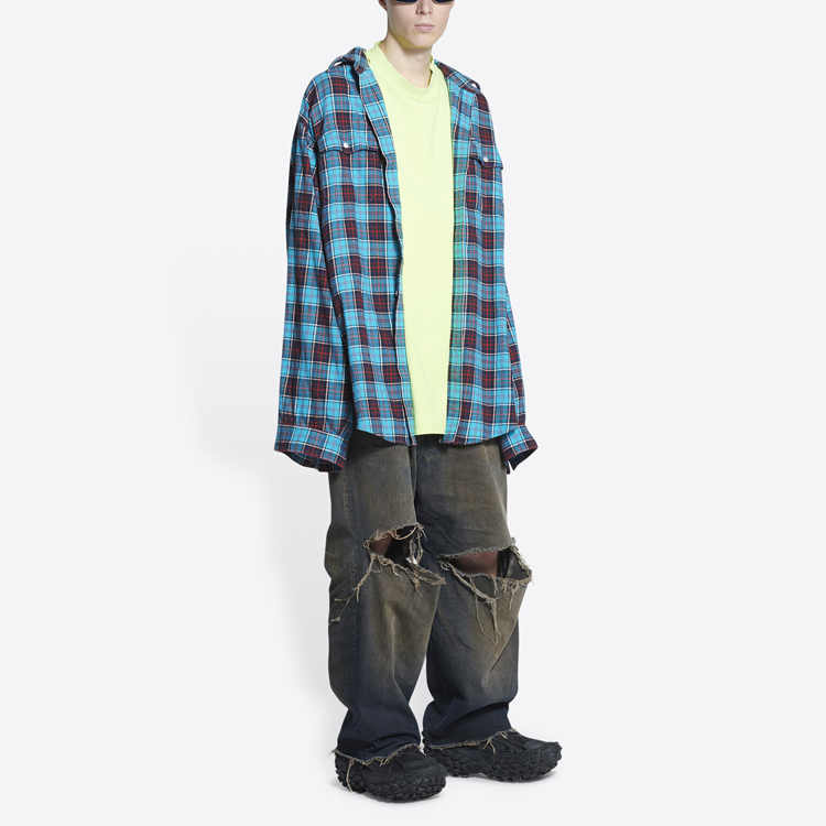 Balenciaga SS22  Blue Checkered Patchwork Long-Sleeve Shirt 699371TMM116305 圖 4