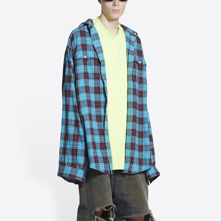 Balenciaga SS22  Blue Checkered Patchwork Long-Sleeve Shirt 699371TMM116305 圖 5